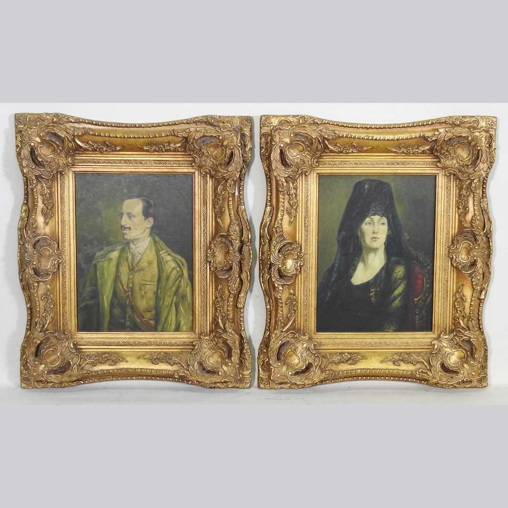 Continental school, 20th century, a pair of portraits, prints, 40 x 30cm, in ornate gilt frames (
