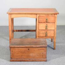 An early 20th century pedestal desk, 90cm wide, together with an antique pine box, with a hinged lid