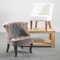 A near pair of modern button back chairs, together with a pine coffee table (3)