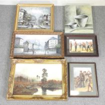 Continental school, 20th century, townscape, oil on canvas, together with a collection of pictures