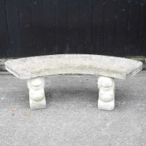 A cast stone garden bench, on lion supports 143w x 40 dx 45h cm