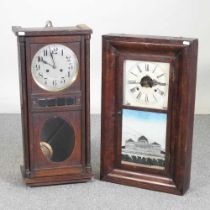 A 1930's oak cased wall clock, 68cm high, together with an American shelf clock (2)