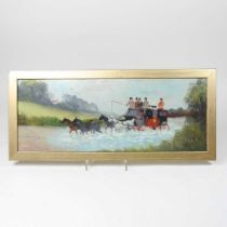 Phillip Henry Rideout, 1860-1920, a stagecoach fording a stream, signed, oil on board, 15 x 37cm