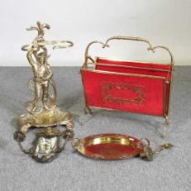 A brass stick stand, together with an Art Nouveau tray, a girandole and a magazine rack (4)