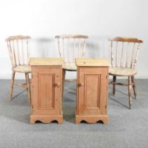 A pair of pine bedside cabinets, together with three spindle back dining chairs (5)