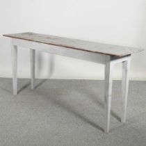 A painted side table, with a galvanised metal top 177w x 44d x 81h cm