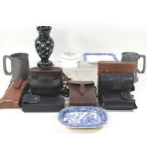 A collection of vintage cameras, metalwares and china