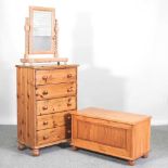 A modern pine chest of drawers, 68cm wide, together with a pine blanket box and a dressing table