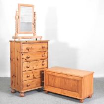 A modern pine chest of drawers, 68cm wide, together with a pine blanket box and a dressing table