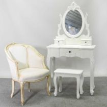 A white painted dressing table and stool, together with a tub chair (3) 80w x 40d x 156h cm