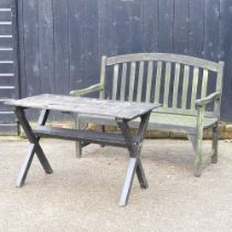 A slatted wooden garden bench, together with a garden table (2) 122w x 59d x 96h cm