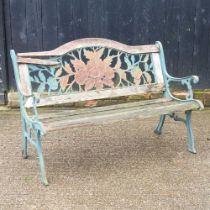 An iron framed garden bench 128w x 63d x 85h cm