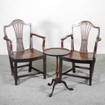 A pair of George III open armchairs, together with an occasional table (3)