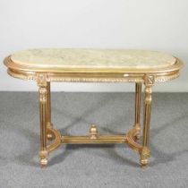 A continental style giltwood and marble top side table, on reeded legs 120w x 50d x 71h cm