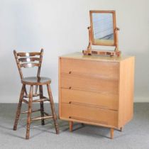 A 1970's chest of drawers, together with a Victorian toiletry mirror and a bar stool (3) 76w x 46d x