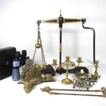 A set of 19th century iron scales, by Pooley & Son, 59cm high, together with an ornate brass desk