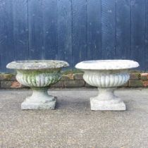 A pair of small cast stone garden urns, on pedestal bases, 47cm wide (2)