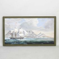 English School, 20th century, Shipping off Cape Town, oil on board, 34 x 64cm