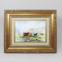 T G Abbotts, 20th century, highland cattle, signed on porcelain, 16 x 22, in a gilt frame