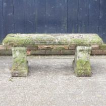 A cast stone garden bench, on acanthus decorated supports 115w x 38d x 46h cm