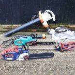 A Stihl SHE71 electric garden blower/vacuum, together with a Bosch electric chain saw, another and