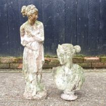 A cast stone garden statue of a lady, 80cm high, together with a cast stone portrait bust (2)