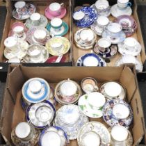 A large collection of mainly 19th century English teacups and saucers, to include trios Dresden trio