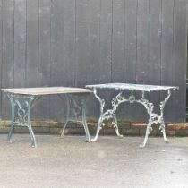 A cast iron green painted garden table, 106cm, together with an aluminium garden table (2)