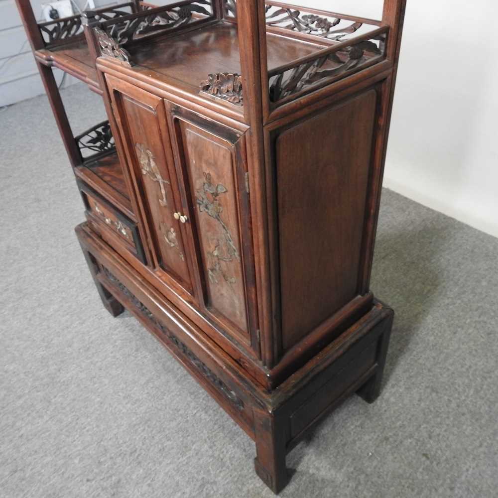 An early 20th century Japanese shibayama inlaid hardwood cabinet on stand, with fret carved - Image 3 of 8