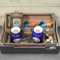 A wooden microscope case, together with an oak cased mantel clock and various decorative china