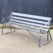 A black painted wooden garden bench, with iron supports, 180cm wide