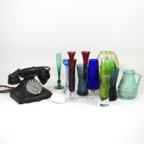 A vintage bakelite telephone, together with a collection of coloured glassware