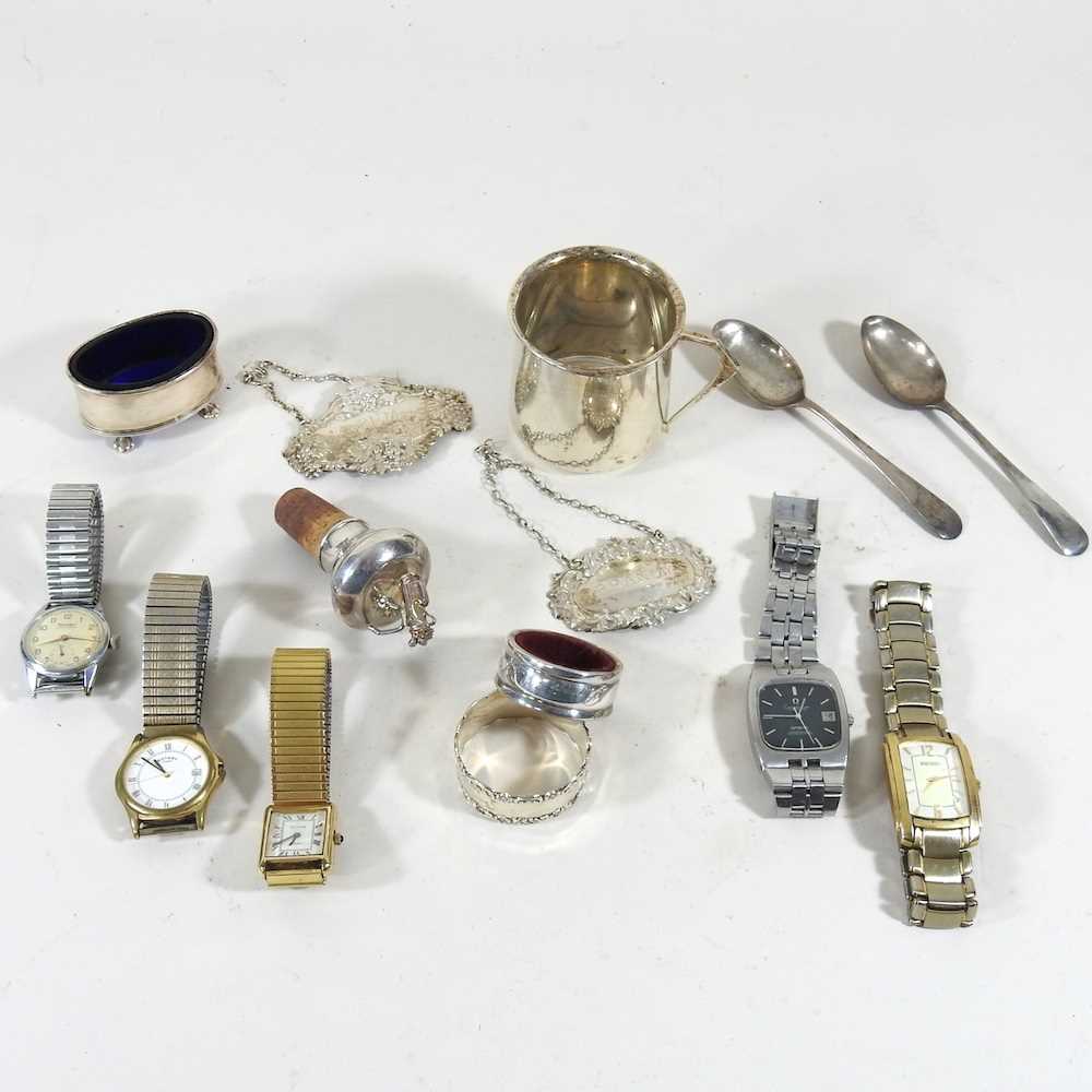 An early 20th century silver mug, together with a collection of dress watches, to include Rotary and