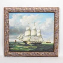 English school, 20th century, a warship off the coast, oil on canvas, 39 x 44cm