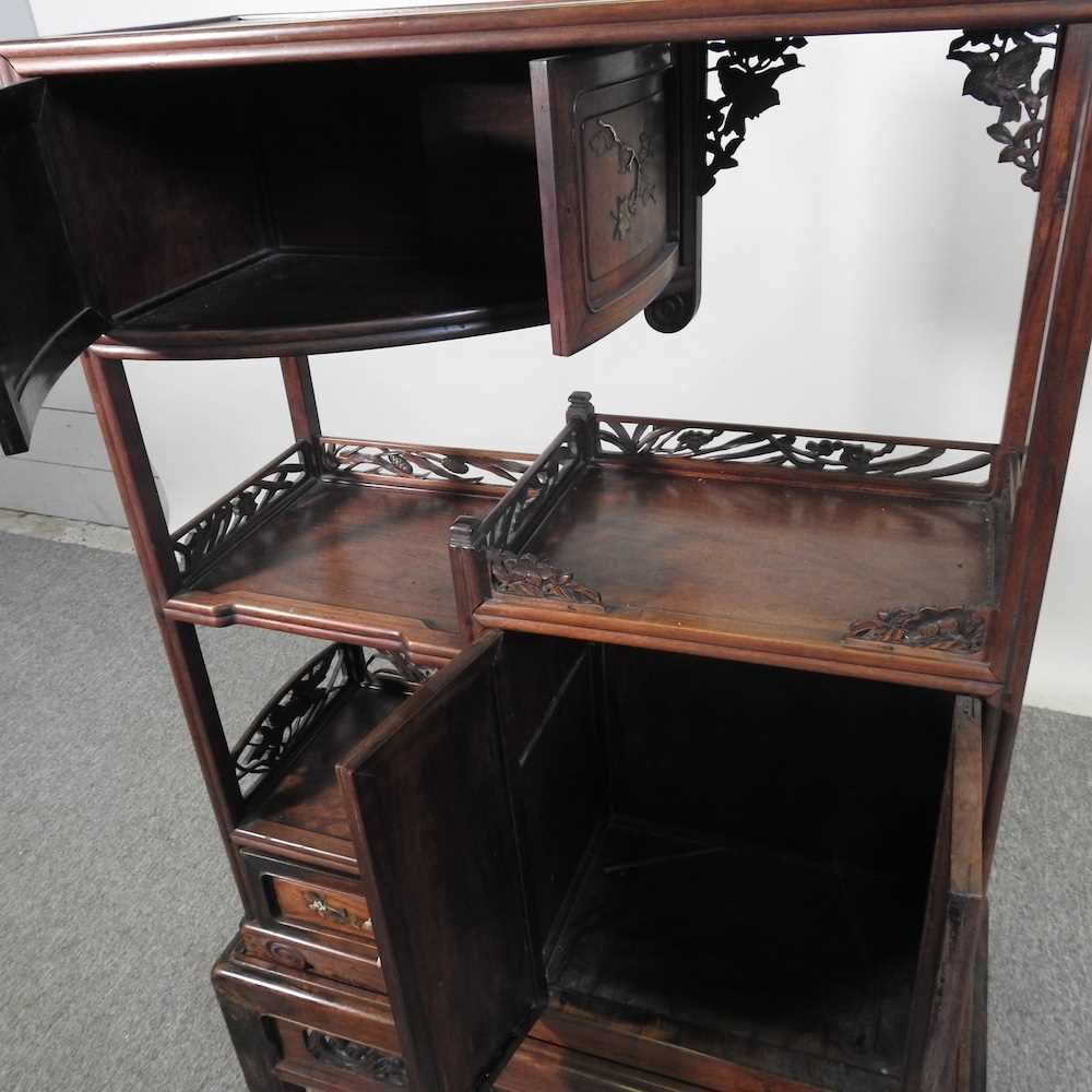 An early 20th century Japanese shibayama inlaid hardwood cabinet on stand, with fret carved - Image 8 of 8