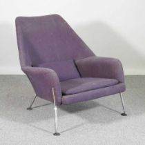 Ernest Race, 1913-1963, a purple upholstered Heron lounge chair, circa 1955, on splayed legs