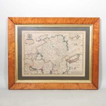 A 19th century hand coloured engraved map, part of Europe, 37 x 52cm, in a maple frame,