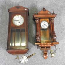 A 19th century walnut cased vienna style wall clock, 78cm high, together with a 1920's oak cased