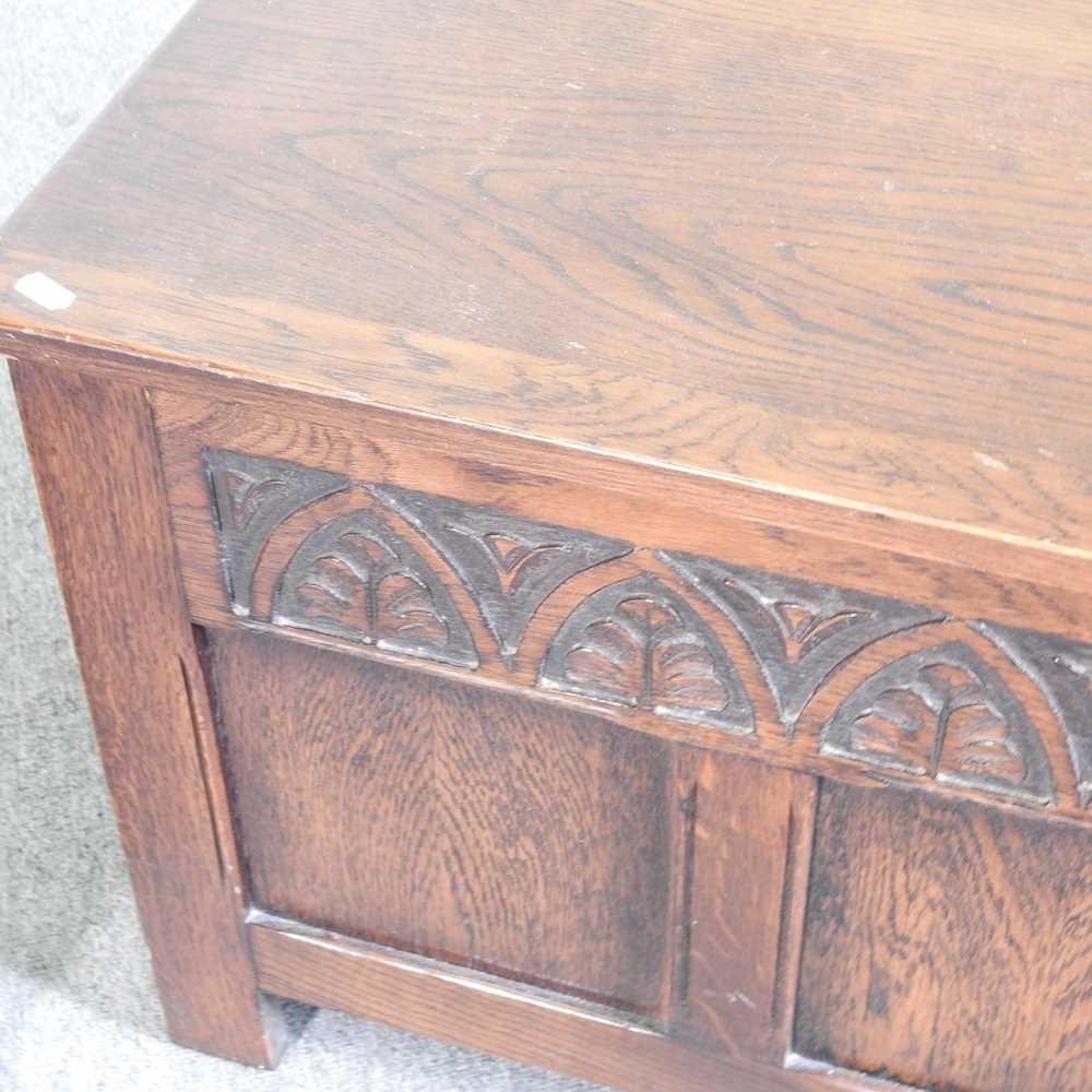 A 1920's oak blanket box, together with a 1930's oak cased granddaughter clock (2) 91w x 44d x 51h - Image 3 of 7
