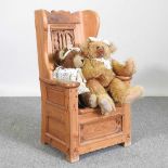 A carved pine children's chair, together with a Changle plush teddy bear, Cecilia, 42cm high and a