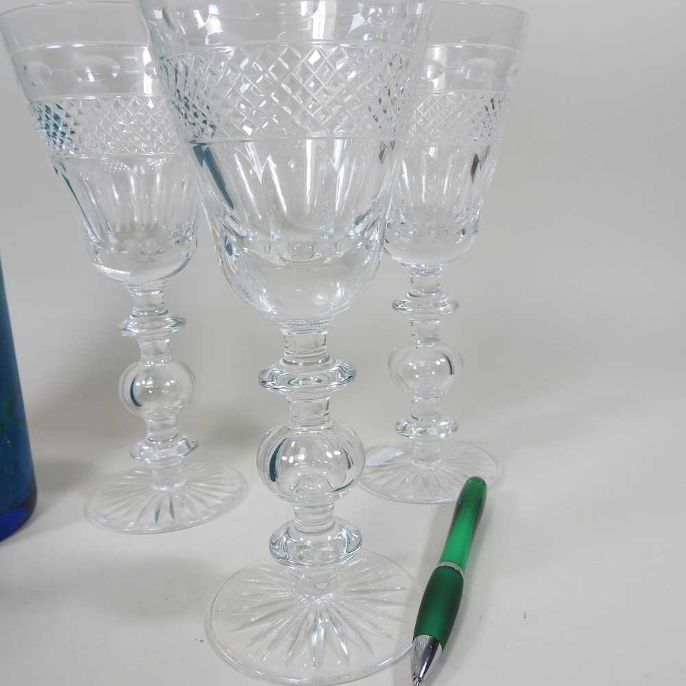 A set of three large cut crystal stem glasses, 22cm high, together with two M'dina coloured glass - Image 7 of 11