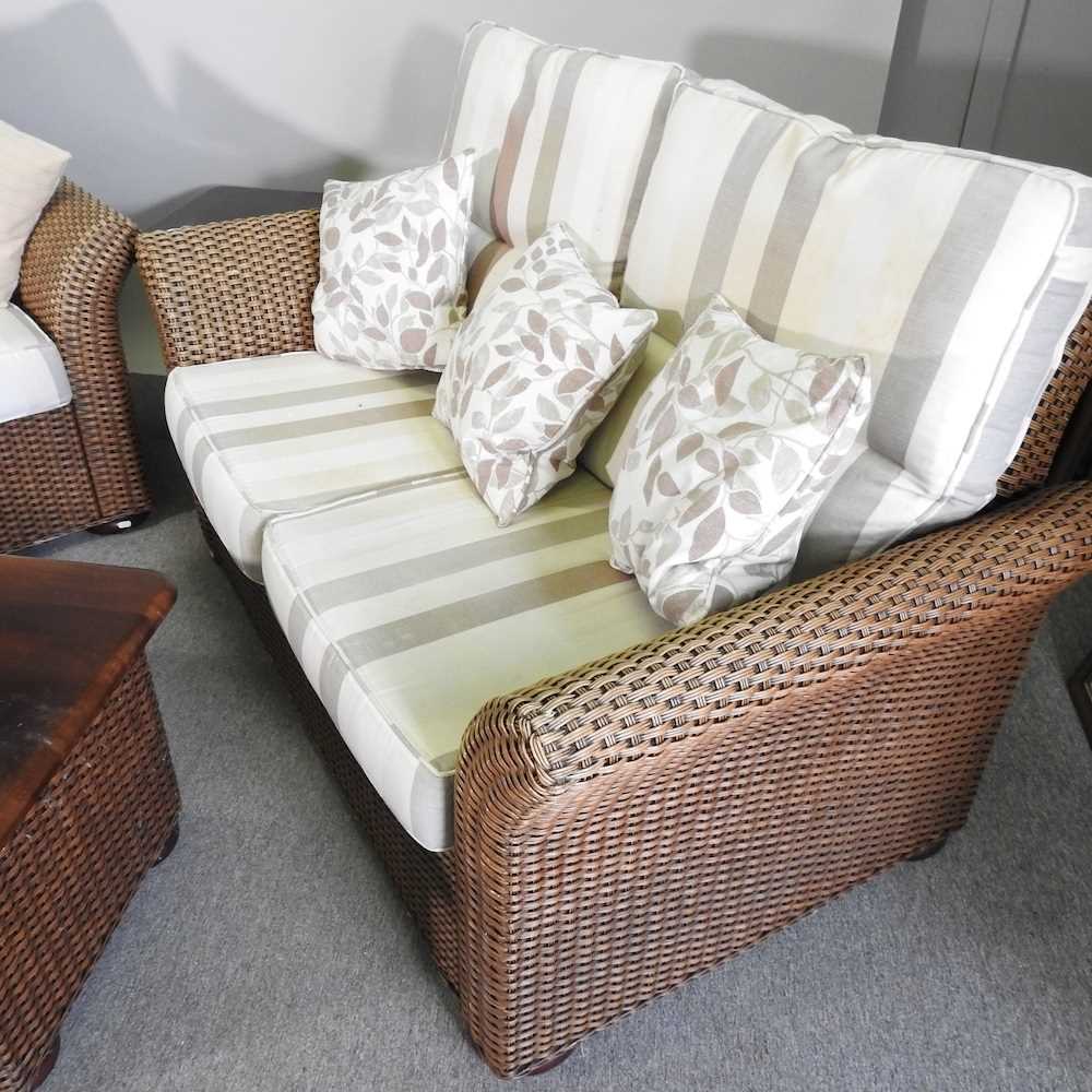 A pair of MGM woven rattan sofas, with cushions, together with two matching side tables (4) 150w x - Image 4 of 8