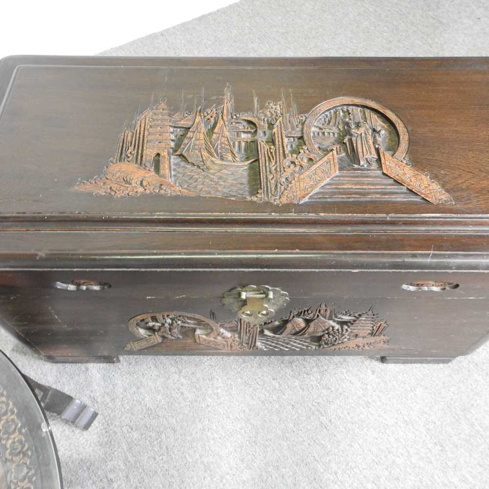 An Eastern carved hardwood blanket box, together with an oriental folding occasional table (2) - Image 5 of 6