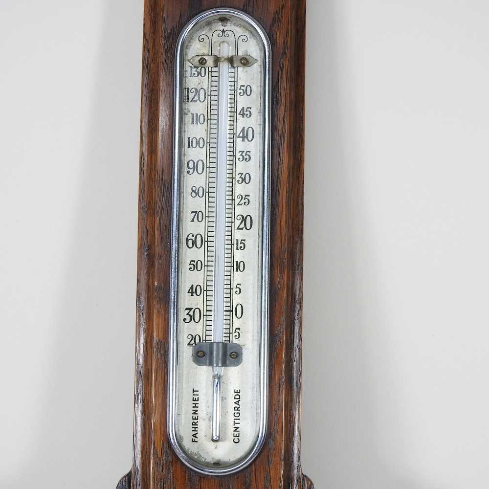 An early 20th century oak cased aneroid barometer, 89cm high - Bild 5 aus 5