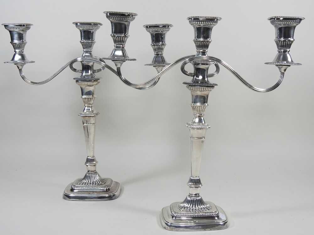 A pair of silver plated twin branch table candelabra, with gadrooned decoration, 38cm high - Image 3 of 5