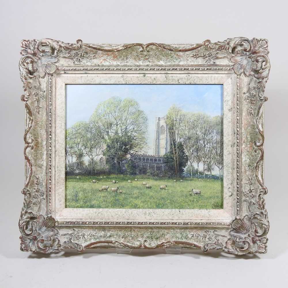 Clive Madgwick, RBA, 1934-2005, Lavenham Church, with sheep in the foreground, signed oil on
