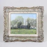 Clive Madgwick, RBA, 1934-2005, Lavenham Church, with sheep in the foreground, signed oil on