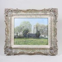 Clive Madgwick, RBA, 1934-2005, Lavenham Church, with sheep in the foreground, signed oil on