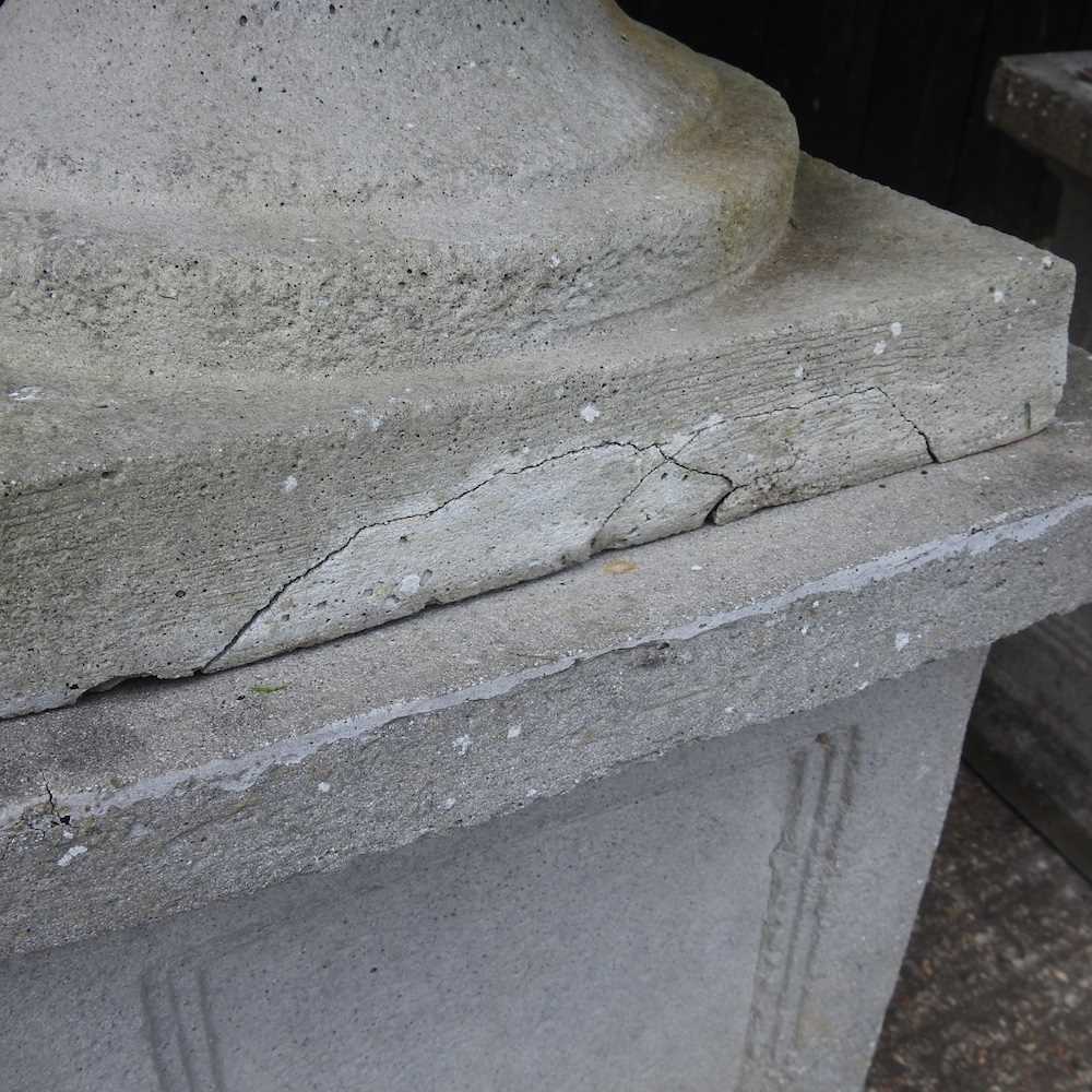 A pair of large simulated stone garden planters, each of fluted design, on a pedestal base (2) 72d x - Image 2 of 5