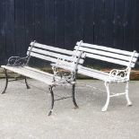 A near pair of wooden garden benches on metal ends, each 116cm wide (2)